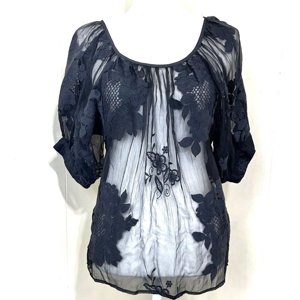 FIFTEEN TWENTY 100% Silk Floral Embroidery Top Blouse Size XS Dark Gray Relaxed